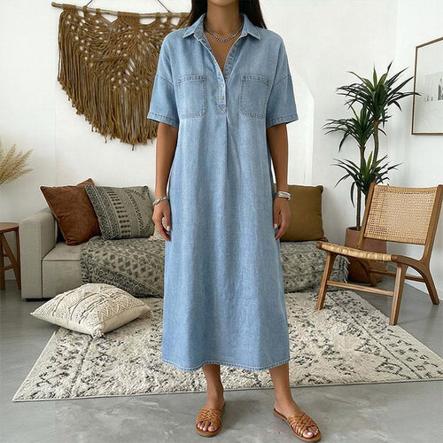 New Arrival🔥 Casual Pocket Denim Midi Shirt Dress👗